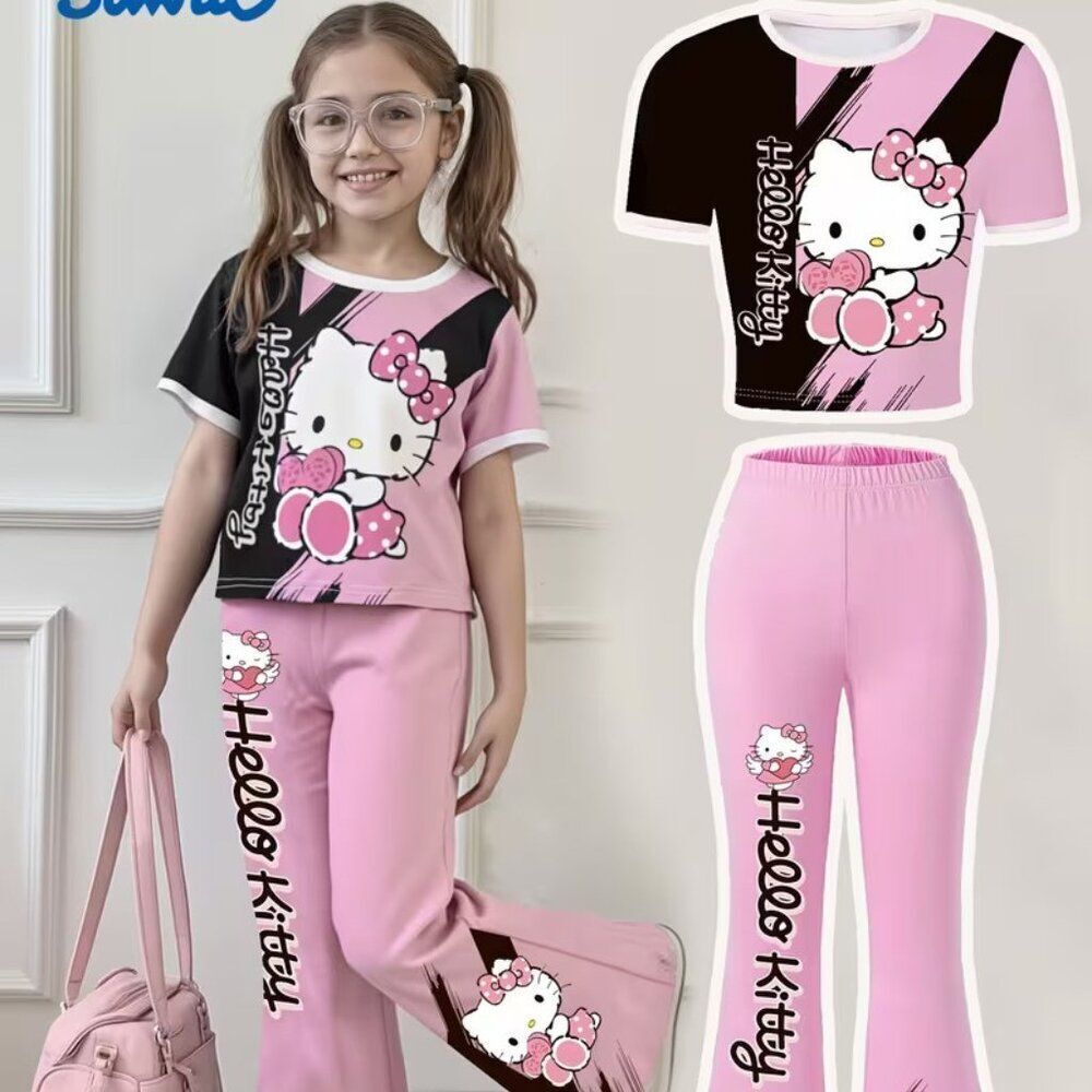 Hello Kitty Girl's Heart Short-Sleeve Round Neck T-Shirt & Bell-Bottom Pants Set
